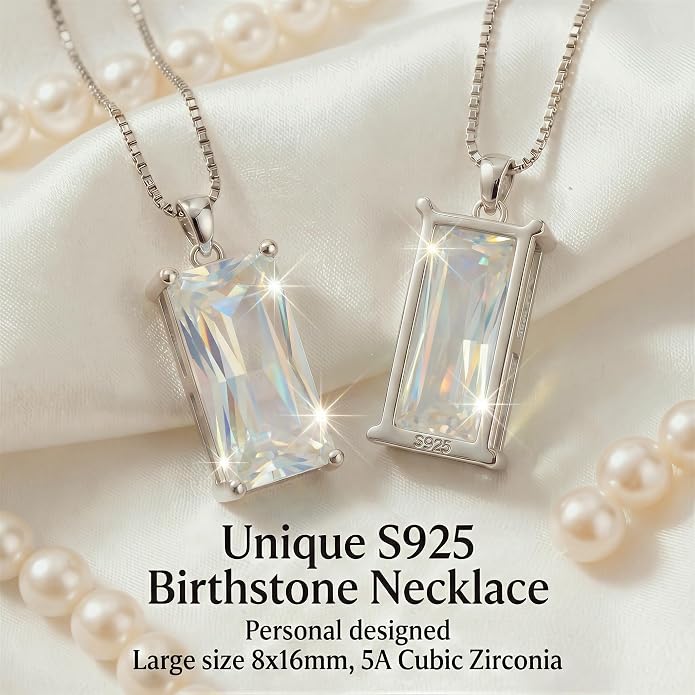 8mm x 16mm Square Birthstone Pendant Necklace – Fashion charming Sterling Silver Gift for women