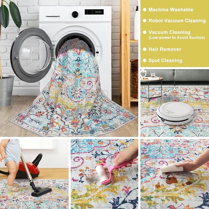 Mandala - Indoor Area Rugs 6x9 Washable, Stain Resistant Machine Washable Rugs for Living Room, Bedroom, and Modern House Décor - Durable Polyester Material, Colorful Patterned - Blue & Multi Color