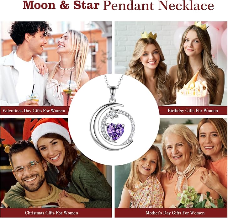S925 Sterling Silver Birthstone Pendant Necklace Moon Star Necklace Jewelry Gift for Women Anniversary Valentine's day
