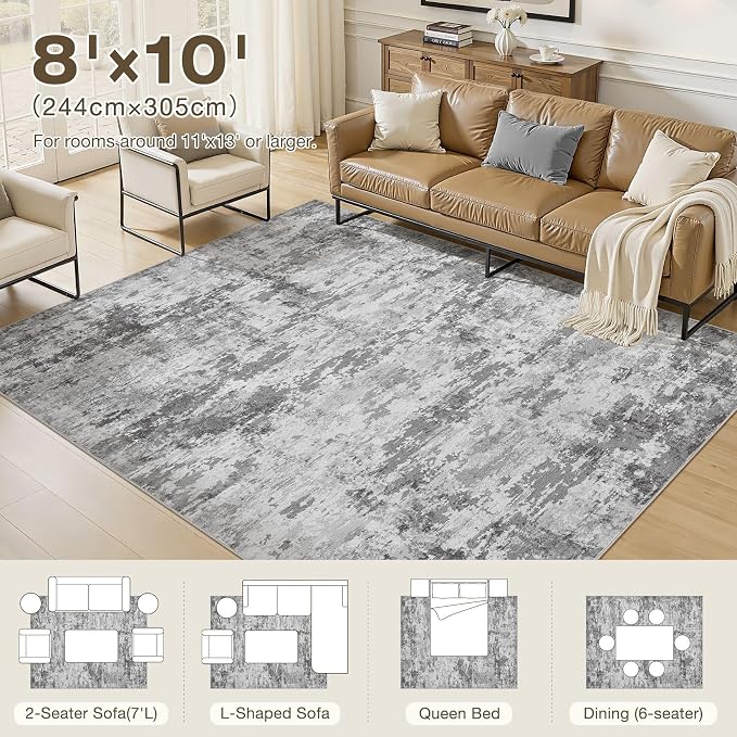 8x10 Area Rugs for Living Room, Washable Non Slip Large Area Rug | Neutral Modern Abstract Carpet, Stain Resistant and Low Pile, Made for Dining Room, Bedroom, Nursery, Home Office - Dark Gray
