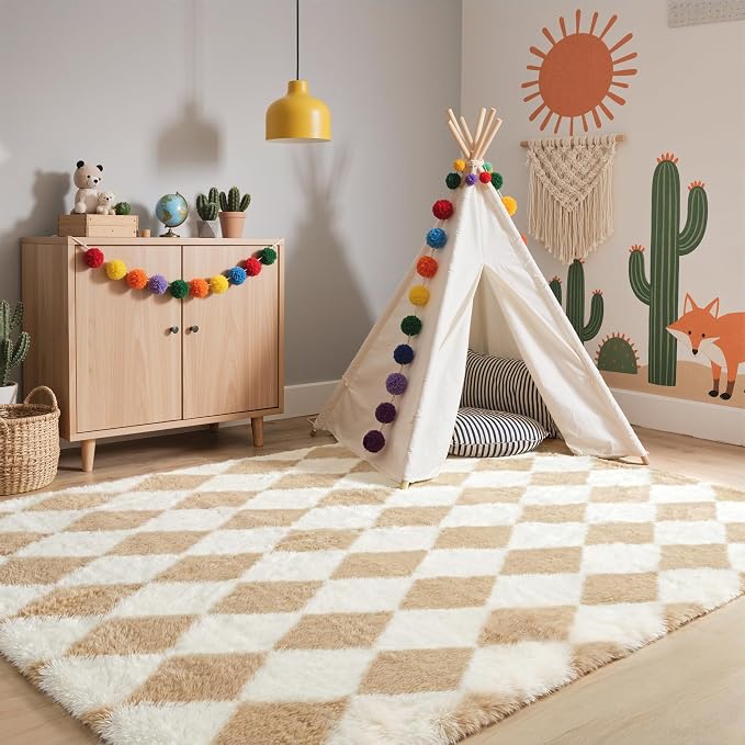 GENIMO Checkered Rug 6x9 Area Rugs for Kids Bedroom Soft Shag Rug Fluffy Fuzzy Carpet Plush Rugs for Living Room Nursery Playroom Dorm Modern Home Decor Aesthetic, Beige and White
