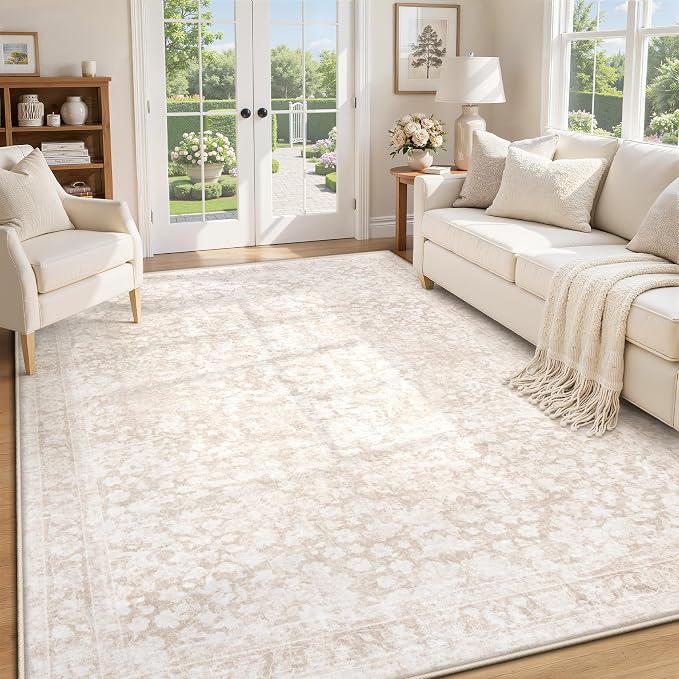6x9 Area Rugs for Living Room: Boho Vintage Washable Rug Non-Slip Soft Stain Repellent Area Rugs Indoor Low-Pile Carpet for Bedroom Nursery Office Dining Room Playroom Farmhouse (Beige, 6'x9')