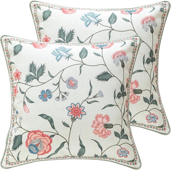 ISAENNE Designer Linen Throw Pillow Cover,Set of 2,18"x18"-Estevan A | Vintage French Elegant Square Pillow Cover,Concealed Zipper Design,Floral Pattern,Sofa,Bedroom,Living Room,Lounge Chairs