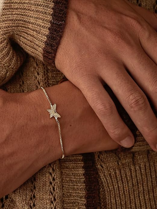Charm Bracelet for Women Gold Trendy Non Tarnish Sideways 14K Gold Plated Simple Dainty Chain Jewelry Gift