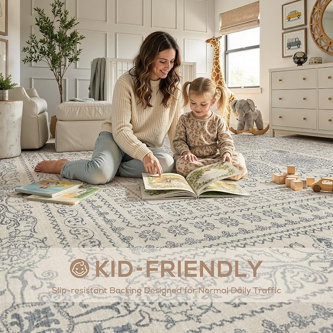 Nakagishi 8x10 Area Rugs Living Room: Washable Large Vintage Rug Neutral Non-Slip Soft Stain Resistant Indoor Carpet for Bedroom Nursery Dining Room Office Playroom - Blue/Beige