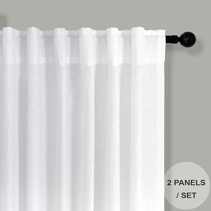 Pitalk White Linen Curtains 90 Inch Length for Living Room 2 Panels Set Back Tab Loop Rod Pocket Semi Sheer Lightweight White Cotton Curtains for Bedroom Family Sitting Room 38 x 90 Inches Long