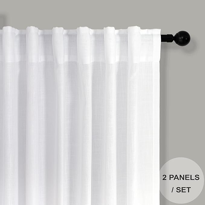 White Curtains 38 Inch Wide for Bedroom 2 Panels Back Tab Rod Pocket Semi Sheer Privacy Cotton Textured Light Filter White Linen Curtains for Living Room Rustic Farmhouse Boho Decor Width 38 x 96 Long