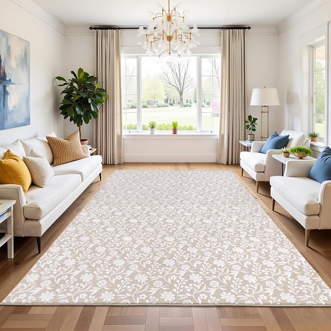 Vaukki 5x7 Area Rug for Living Room, Soft Fluffy Washable Modern Floral Indoor Floor Mat, Non Slip Shaggy Boho Accent Throw Carpet for Bedroom, Living Room, Nursery and Dining Room, Beige and White