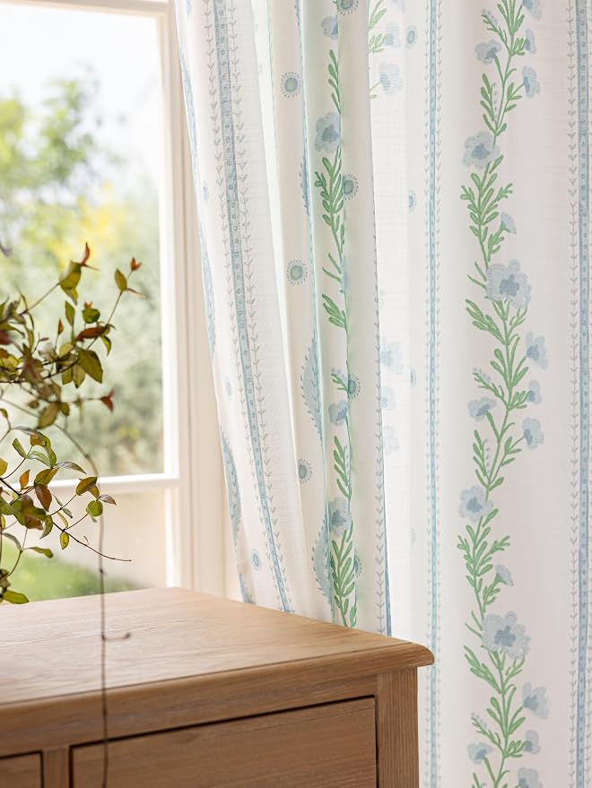 DrapePalette - Linen Blend Pinch Pleated Curtains 96 Inches Long for Living Room, Bedroom, Dining Room, Light Filtering Curtains 2 Panels Set, Modern Floral Printed Design, Blue Trellis, 30" W x 96" L