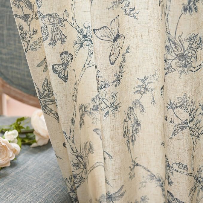 Lazzzy Charlotte Blue Floral Linen Farmhouse Curtains 96 Inches Long Back Tab Drapes for Living Room Bedroom Light Filtering Country Vintage Rod Pocket Curtains,2 Panels, Blue on Beige