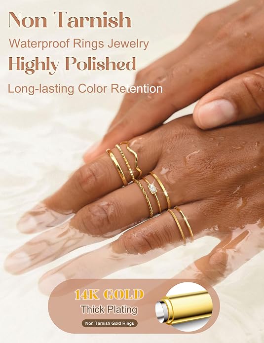 THUNARAZ 8Pcs Stackable Rings for Women Non Tarnish 14K Gold Plated Stainless Steel Dainty Rings Set Minimalist Thin Thumb Ring Cubic Zirconia Wave Statement Ring Bands for Women Size 5-10