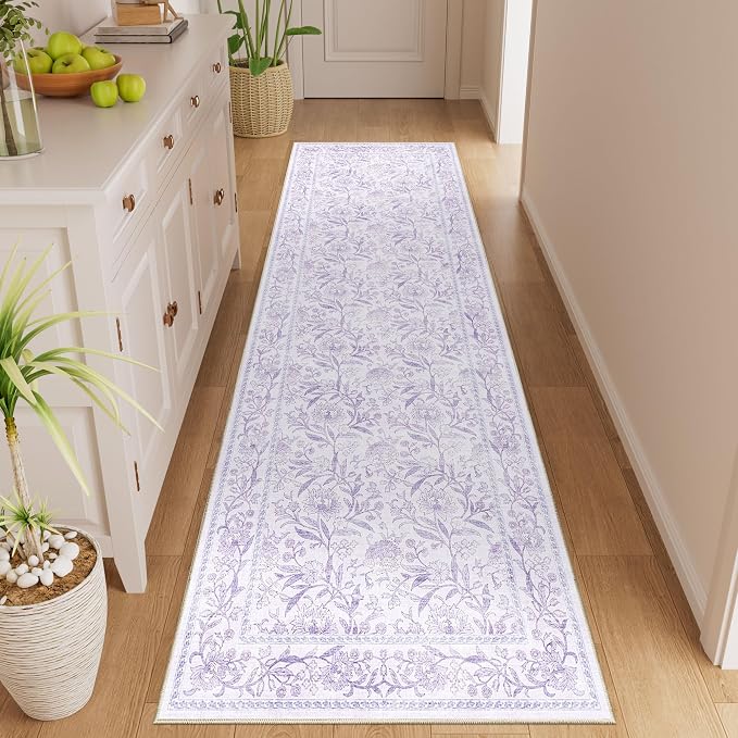 DUKINO 2x6 Runner Rug, Washable Vintage Floral Kitchen Rug, Purple | Non Slip, Low Pile, Non-Shedding, Stain Resistant Soft Carpet Runner for Hallway Bathroom Entryway Bedroom Laundry Farmhouse