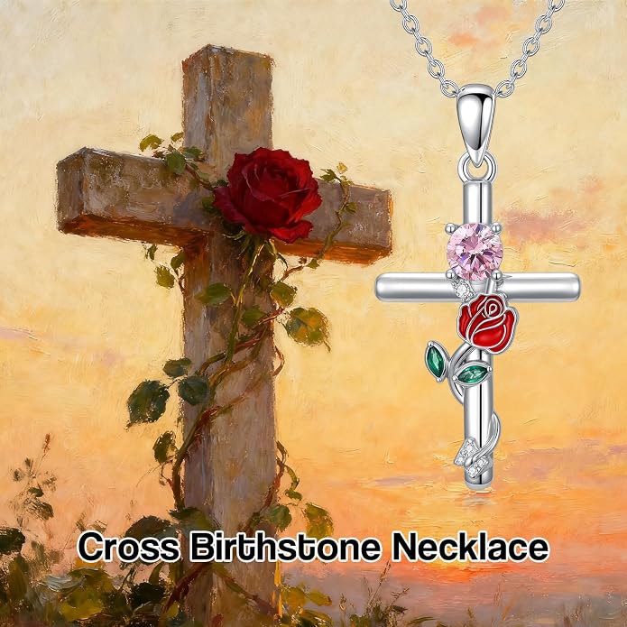 Birthstone Cross Necklace 925 Sterling Silver Rose with Butterfly Birthstone Cross Pendant Necklace Jewelry Gifts for Women Birthday Christmas