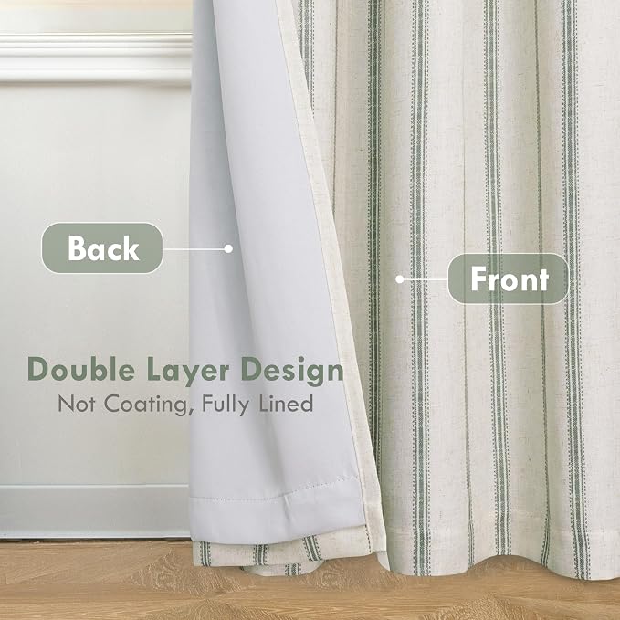 DriftAway Farmhouse Stripe Blackout Curtains, Grommet, W52xL90, Loden Green | Blackout, Linen Texture, Stripe Pattern, Rod Pocket & Back Tab, Two Layers, Bedroom Living Room Use, Sound Reducing Design