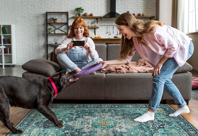 Moynesa Ultra-Thin Washable Area Rug - 4x6 Teal Living Room Rug Oriental Rugs for Bedroom, Non Slip Non Shedding Low Pile Entryway Carpet for Bedroom Dressing Room Office