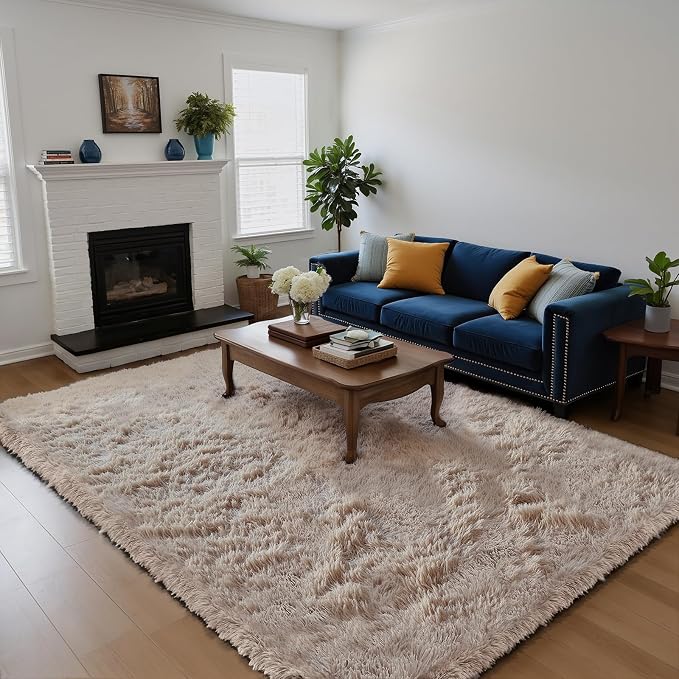 Fluffy Rug Shag Area Rug, Beige 5x8 Area Rugs for Bedroom, Small Bedside Rug, Soft Fluffy Shag Entryway Throw Rugs for Living Room Bedroom Room Home Decor