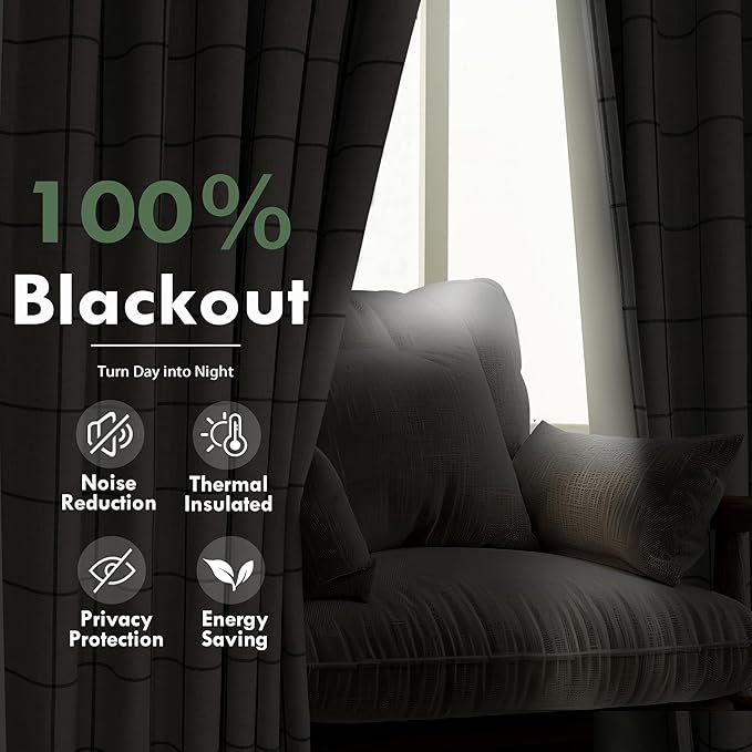 DriftAway 100% Blackout Plaid Linen Curtains W52xL96 Loden Green | 100% Blackout, Linen Texture, Plaid Pattern, Two Layers, Rod Pocket & Back Tab, Bedroom Living Room Use, Luxury Appearance