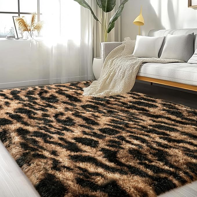 Large Area Rugs for Living Room Bedroom 4x6 Leopard Fluffy Shag Rugs | Ultra Soft Cheetah Shaggy Plush Fuzzy Modern Indoor Throw Floor Carpet for Kids Girls Boys Dorm Nursery Home Decor Aesthetic