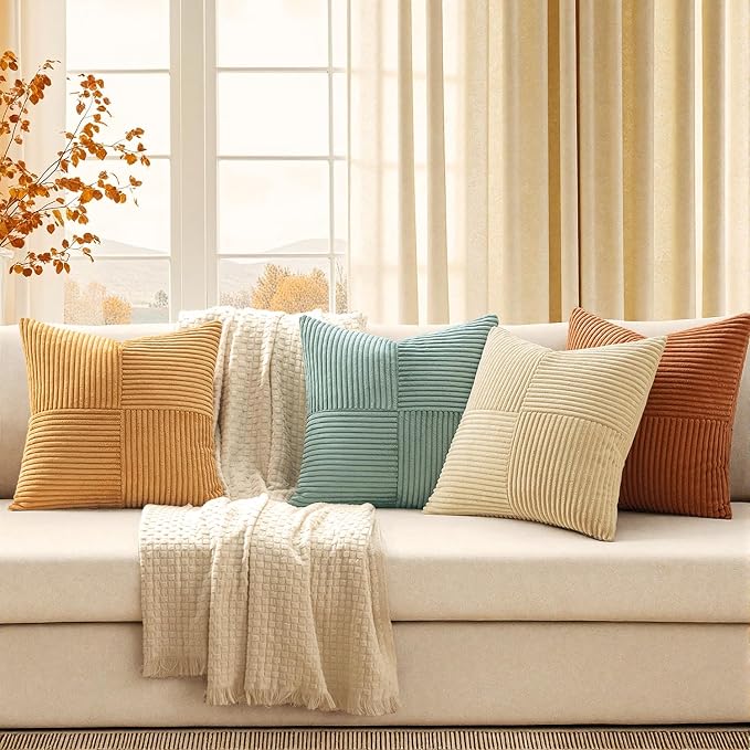 MIULEE Fall Boho Farmhouse Decorative Throw Pillow Covers 18x18 Inch 4 Packs Soft Vintage Pillow Cases Modern Corduroy Patchwork Cushion Covers for Couch Sofa Bed Home Decor, Teal-Rust