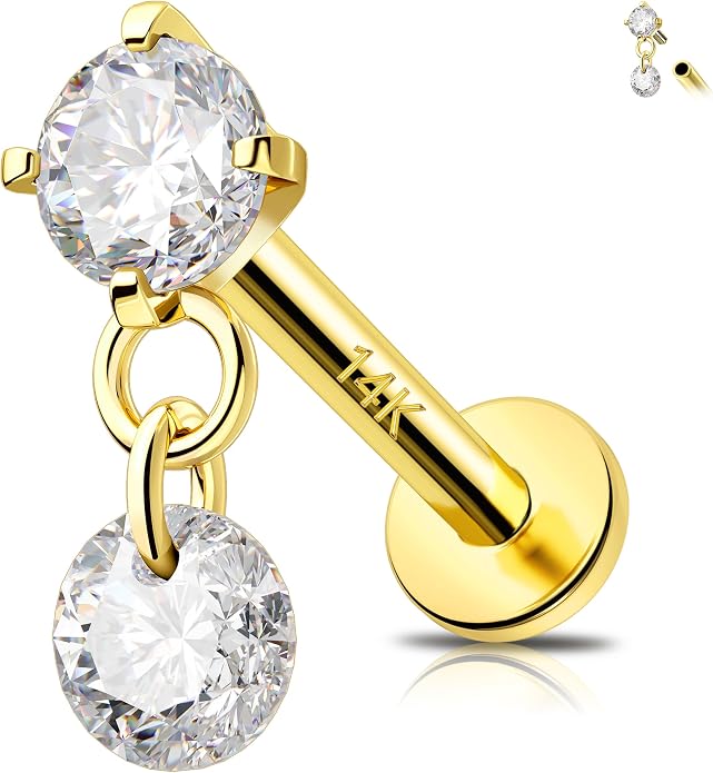 MeIighting 14K Solid Gold Helix Earring Clear CZ, Dangle Internal Thread Flat Back Earring, Teardrop Heart Round Cartilage Tragus Conch Piercing Jewelry for Women 6/8 mm