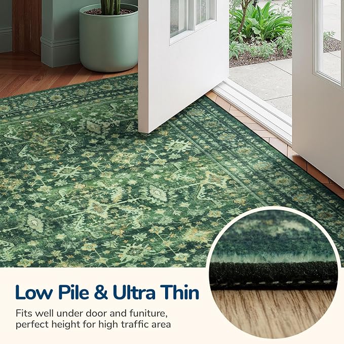Lessymo 5x8 Washable Area Rug with Non Slip Backing,Soft Boho Indoor Carpets for Living Room Bedroom Nursery, Kid and Pet Friendly, Green