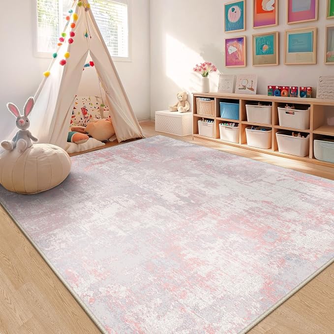 RELEANY Washable Area Rugs 6'x9' Non-Slip Modern Abstract Soft for Living Room Entryway Bedroom Kitchen, Print Pattern, Grey Pink