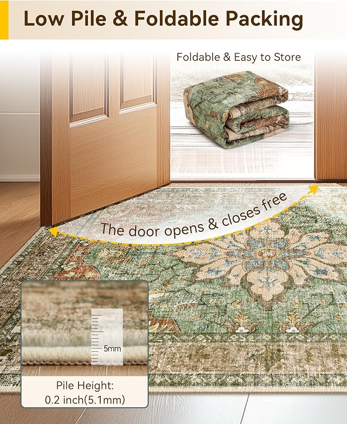 RELEANY Area Rugs Runner 2'x9' Washable Non-Slip, Floral Vintage Distress Medallion Carpet for Kitchen Hallway Bedroom Beside Laundry Room Bathroom, Terracotta Burnt Orange Green