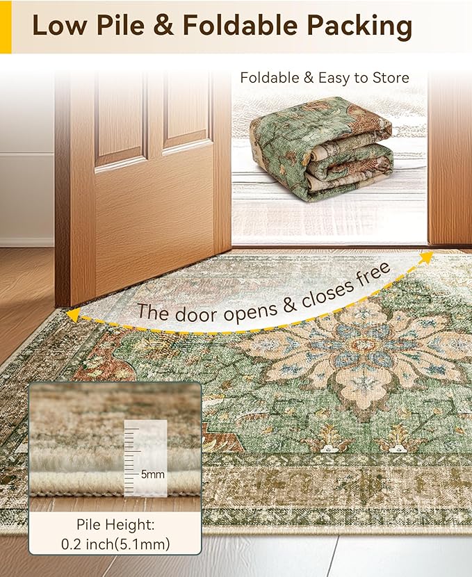 RELEANY Area Rugs Runner 2'6"x5' Washable Non-Slip, Floral Vintage Distress Medallion Carpet for Kitchen Hallway Bedroom Beside Laundry Room Bathroom, Terracotta Burnt Orange Green