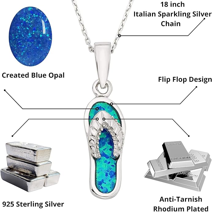 Created Blue Opal Ocean Necklace for Women, 925 Sterling Silver Pendant, 18 Inch Chain, Beach and Sea Life Jewelry Collection