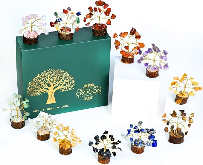 Crocon® Set of 12 Crystals Mini Stone Tree of Life Birthday Gifts for Women, Home & Office Decor, Money Tree Healing Crystals Gift Set Mom & Father Gift Ideas Housewarming Gifts New Home Sister & Dad