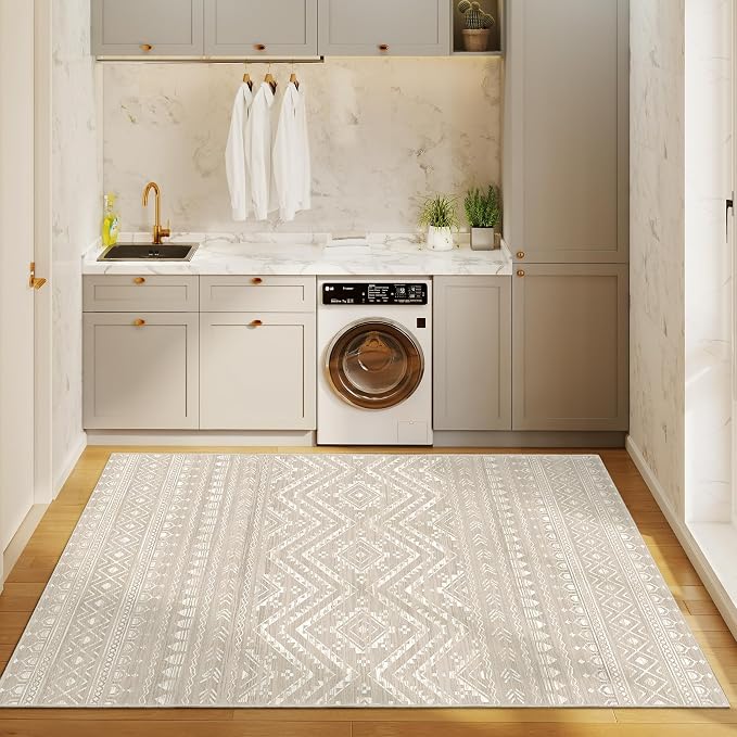 3x5 Washable Rug Moroccan Small Entryway Rug Non Slip Indoor Floor Carpet Foldable Thin Rugs for Kitchen Bedroom with Low Pile(Brown,3'x5')