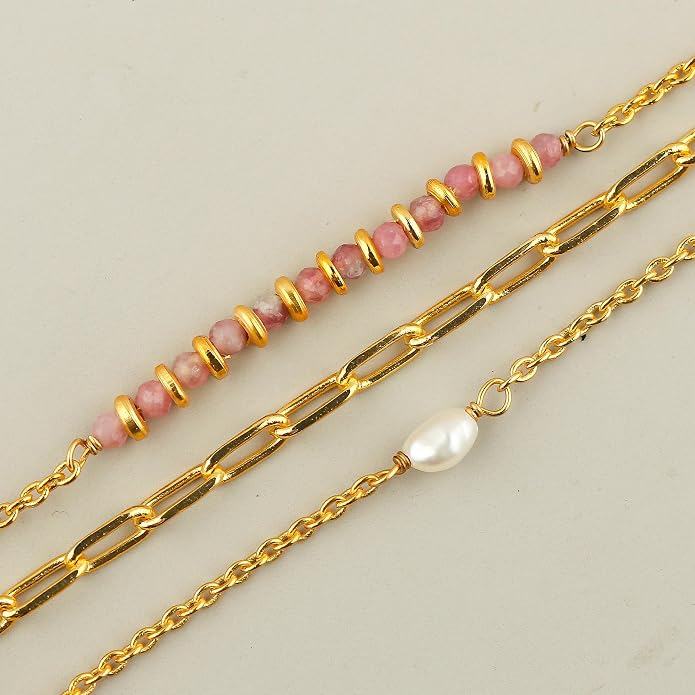Beads With Pearl 3 Layered Necklaces for Women 14k Gold Plated Dainty Stackable Choker Necklaces for Women Trendy Layering, Cuban Link, Paperclip Chain, For Women Gifts