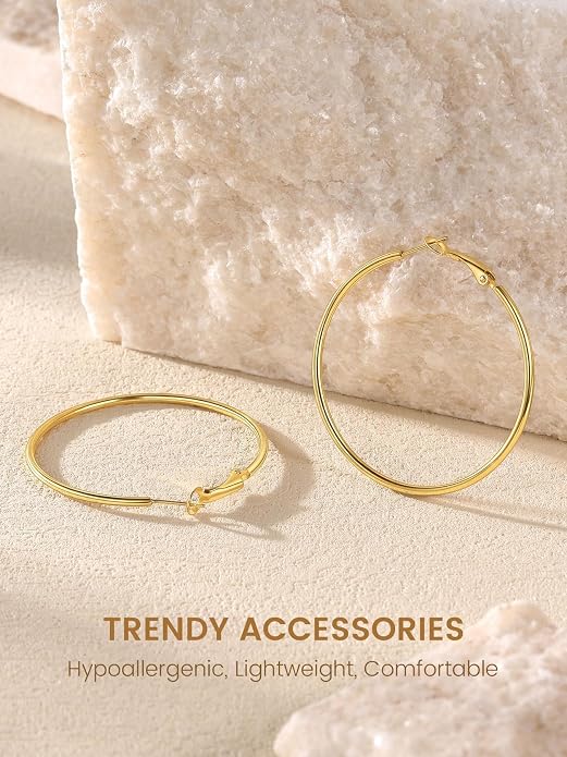 KeyStyle Gold Hoop Earrings for Women, Stainless Steel Hoops Earring Lightweight Loops, 2 mm Thick Hypoallergenic Circle Endless Thin Hoop (20/30/40/50/60/70/80/90/mm)
