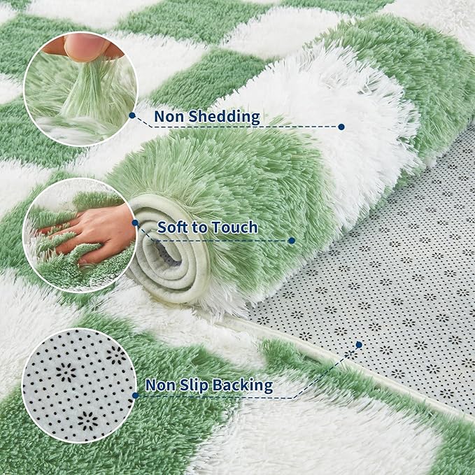 Garvee Checkered Area Rug 9x12 Large Rug Thick Super Soft Shaggy Rugs Fluffy Carpet Fluffy Fuzzy Shag Washable Rugs for Living Room Nursery Bedroom Luxury Playroom Teen Plush Carpets,Green White