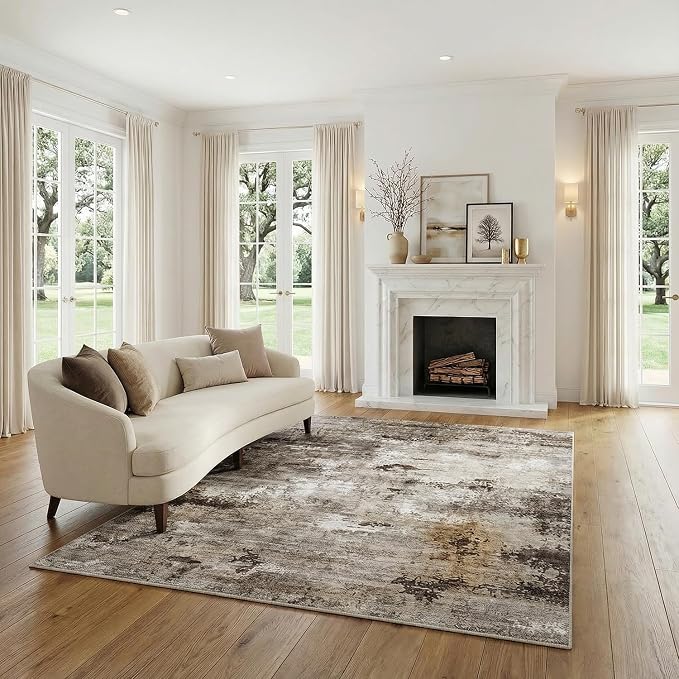 Modern Abstract Area Rug Distressed Faux Wool Stain-Resistant Carpet for Kitchen Bedsides Laundry Room 0.26 Inch Low Pile Non Slip Floor Mat, Brown, 3'x5'