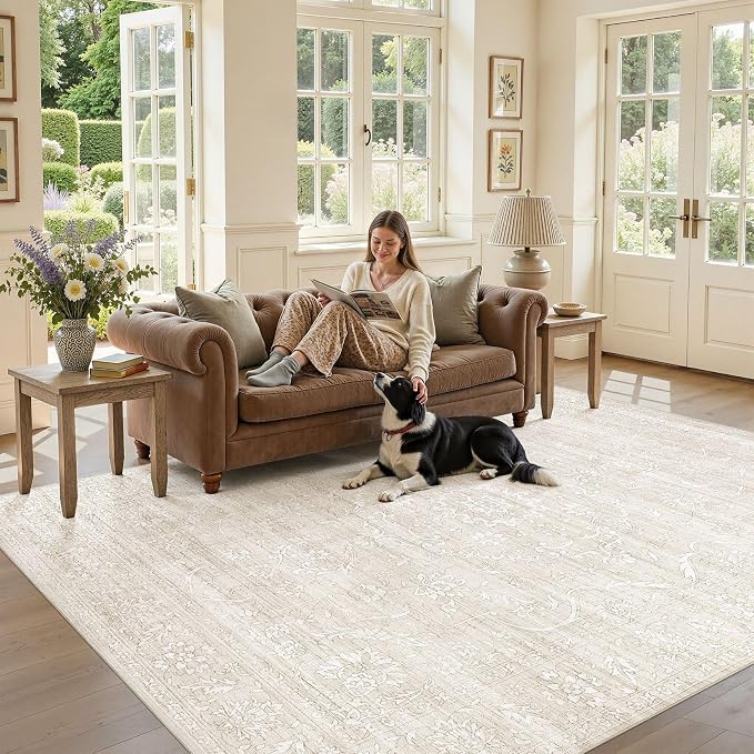 Nakagishi 5x7 Area Rugs Living Room: Washable Large Vintage Rug Neutral Non-Slip Soft Stain Resistant Indoor Carpet for Bedroom Nursery Dining Room Office Playroom - Beige White
