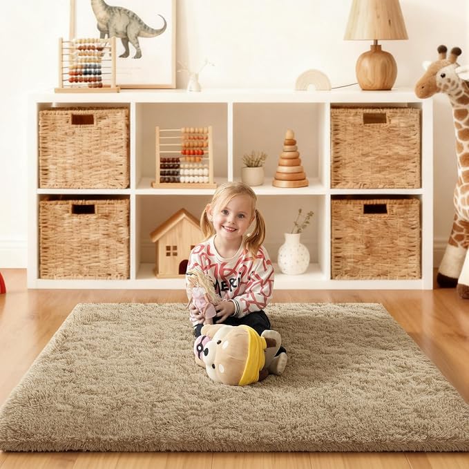 4x6 Rugs for Bedroom, Fluffy Area Rugs for Living Room, Small Fuzzy Shag Soft Non-Slip Carpet for Kids Girls and Boys Nursery Dorm Indoor Room Home Decor (4ft X 6ft, Light Tan)
