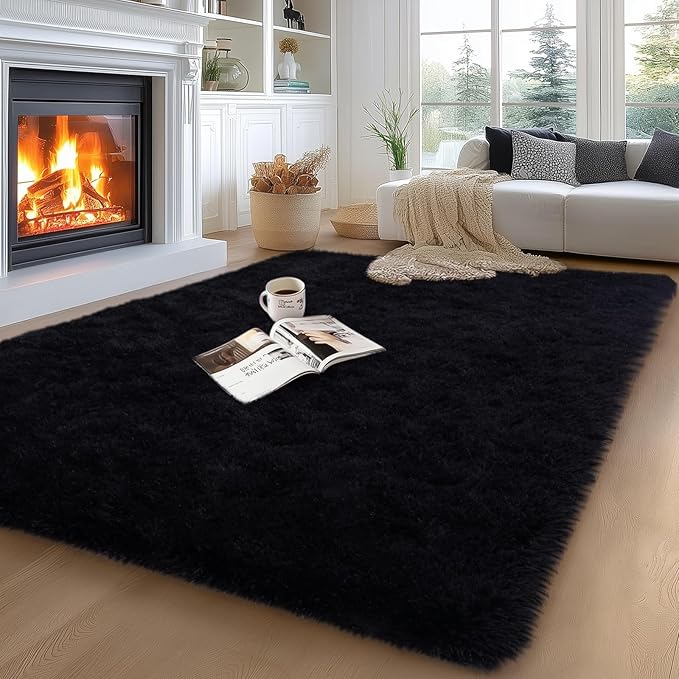 qulint 5x7 Area Rug for Living Room, Large Fluffy Black Carpet for Bedroom | Soft Shag Shaggy Kids Room Rug, Fuzzy Modern Solid Rug for Dorm Kid Room Classroom Nursery Home Decor