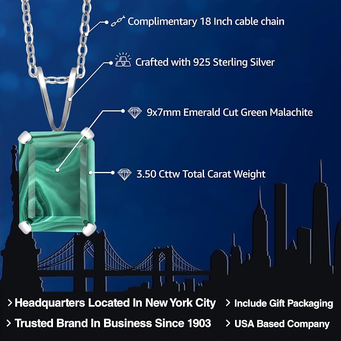 Gem Stone King Emerald Cut Pendant Necklace For Women | 925 Sterling Silver | Emerald Cut 9X7MM | Gemstone Birthstone | Fine Jewelry for Her Mom Wife | With 18 Inch Silver Chain
