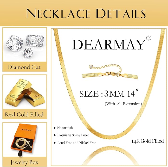 DEARMAY 14K Gold Plated Herringbone Necklaces for Women, Dainty Gold Snake Choker Chain Non Tarnish Trendy Simple Thin & Chunky Options Neckalce 1.5/3/5/6/8mm Chain Jewelry for Gifts