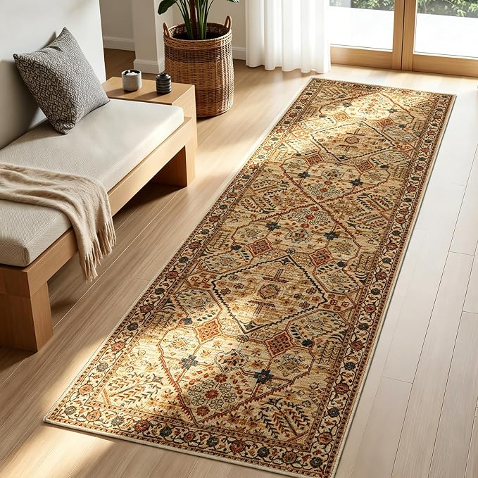 Joydeco Washable 2x5 Hallway Runner Rug Vintage, Tan | Water Resistant Low Pile Non Slip Backing for Kitchen Entryway Bedroom Bathroom Dining Room