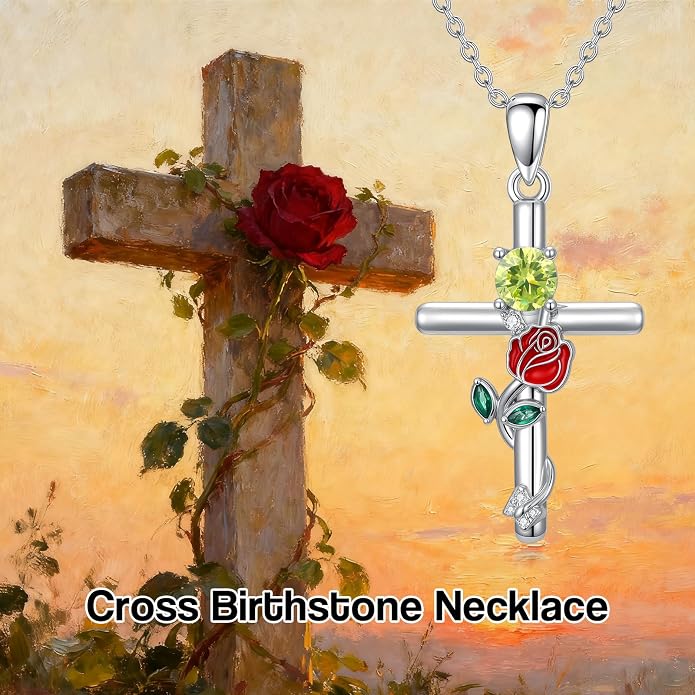 Birthstone Cross Necklace 925 Sterling Silver Rose with Butterfly Birthstone Cross Pendant Necklace Jewelry Gifts for Women Birthday Christmas