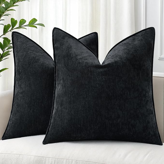 decorUhome Chenille Black Velvet Throw Pillow Covers 24x24 Set of 2 | Fall Soft Euro Sham Couch Decorative Modern Farmhouse Pillow Cases with Elegant Design for Sofa Bed Living Room Home Decor