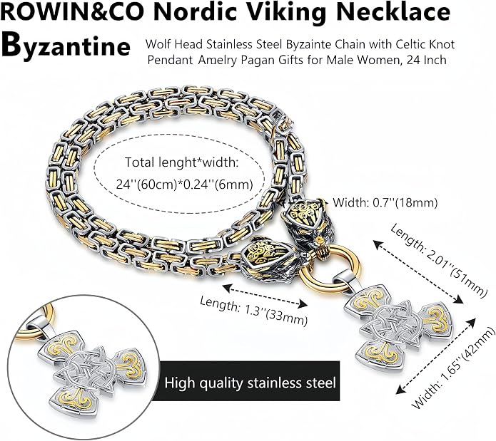 ROWIN&CO Viking Necklace for Men, Stainless Steel Nordic Runes Wolf Head Spearhead & Trinity Knot Pendant with Byzantine Chain Amulet, Norse Mythology Pagan Gothic Biker Jewelry Gift