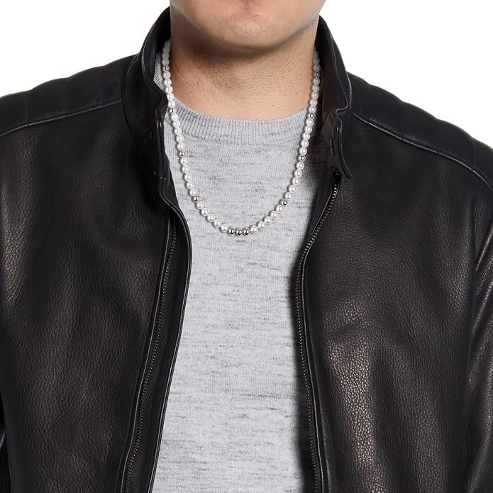 GAVU Men's Pearl Necklace, Pearl Jewelry Crystal Beaded Necklace for Men 20"/22"/24"/26"