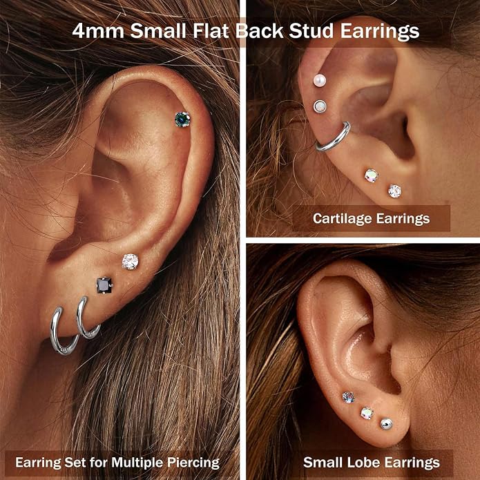 Jstyle Hypoallergenic Flat Back Stud Earrings for Women Men Surgical Stainless Steel Earrings for Sensitive Ears Small Stud Hoop Silver Gold Black Earrings Cartilage Earring Set for Multiple Piercing