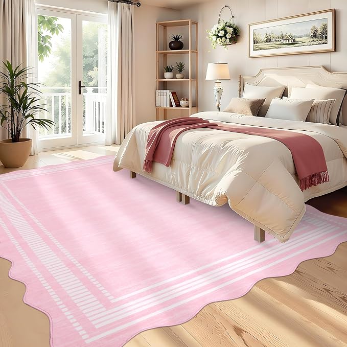 Garvee Washable Rug 8x10 Area Rugs for Living Room Bedroom, Non Slip Low Pile Solid Neutral Soft Carpet, Modern Scalloped Pattern, Faux Wool Floor Mats for Dining Room Home Office, Pink | Rugs for Living Room, Non-Slip Soft Carpet for Bedroom, Scallope...
