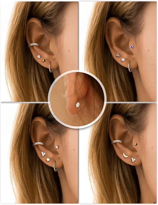 Sanfenly Threadless Flat Back Earrings Studs 316L Surgical Steel Cartilage Earrings for Women Men Push in Nose Rings Studs 20G 18G 16G CZ Opal Tragus Helix Conch Lip Labret Medusa Nostril Piercing Jewelry Hypoallergenic