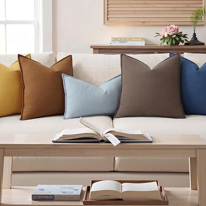 decorUhome Fall Brown Linen Throw Pillow Covers 24x24 Set of 2 | Decorative Soft Cozy Modern Farmhouse Boho Accent Pillow Cases with Flange Edges for Couch Bed Sofa Living Room Home Decor