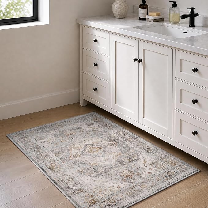 AMOAMI-2X3 Small Rug-Washable Rugs Entryway Mat Indoor-Soft Vintage Non Slip Rugs for Kitchen Laundry Room Bathroom Grey Decorative Accent Rug for in Front of Sink 24 Inch x36 Inch